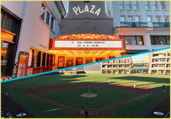 Plaza Theatre outside and photo of baseball park